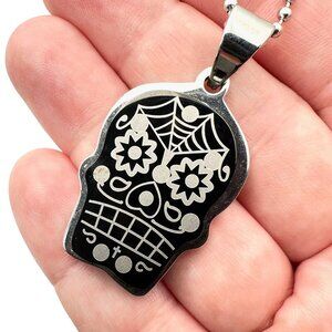 Stainless Steel Unisex Necklace Sugar Skull Day of the Dead 24 Inch Chain